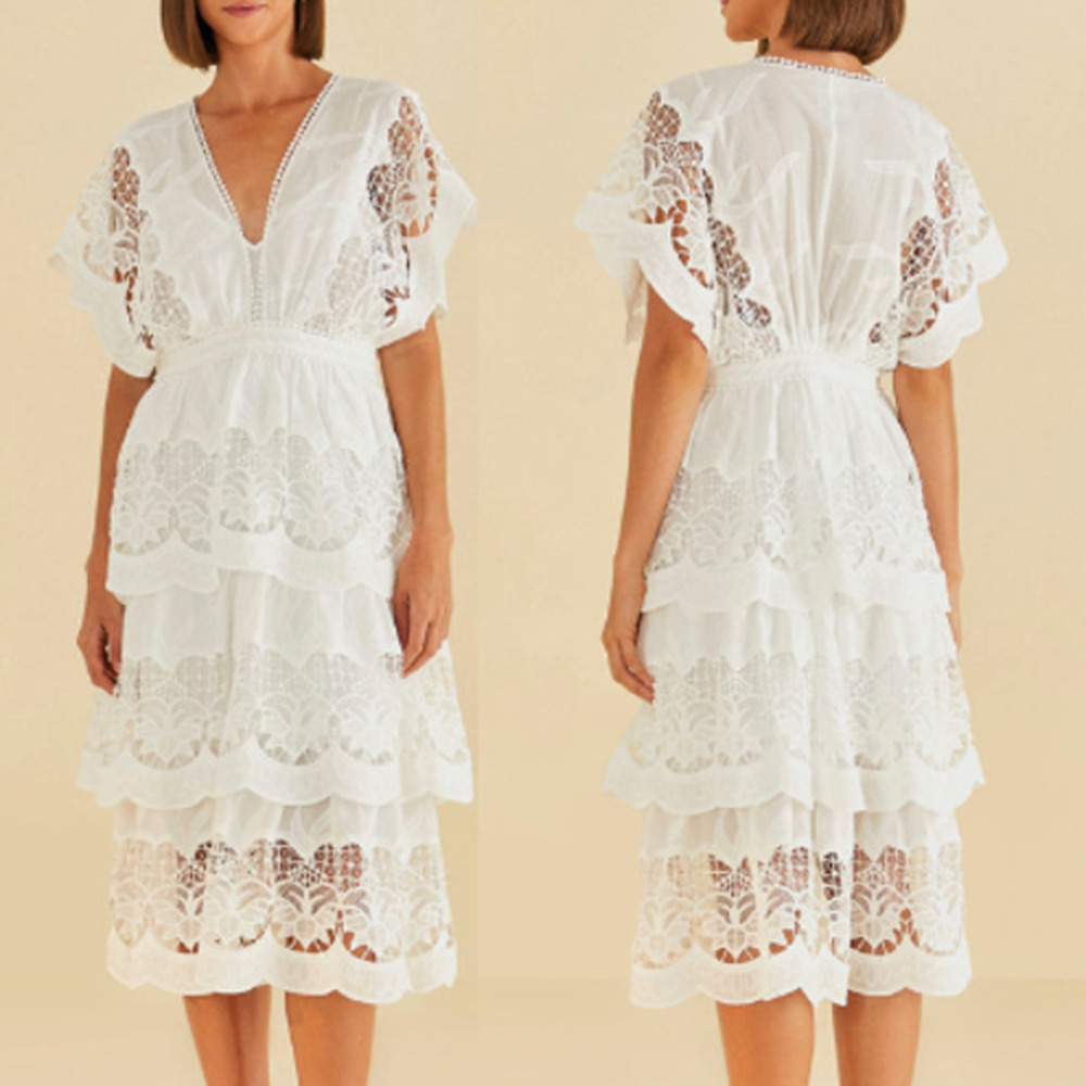 Farm Rio Richelier V-Neck Kimono Sleeves Tiered Lace Midi Dress Off-White Medium